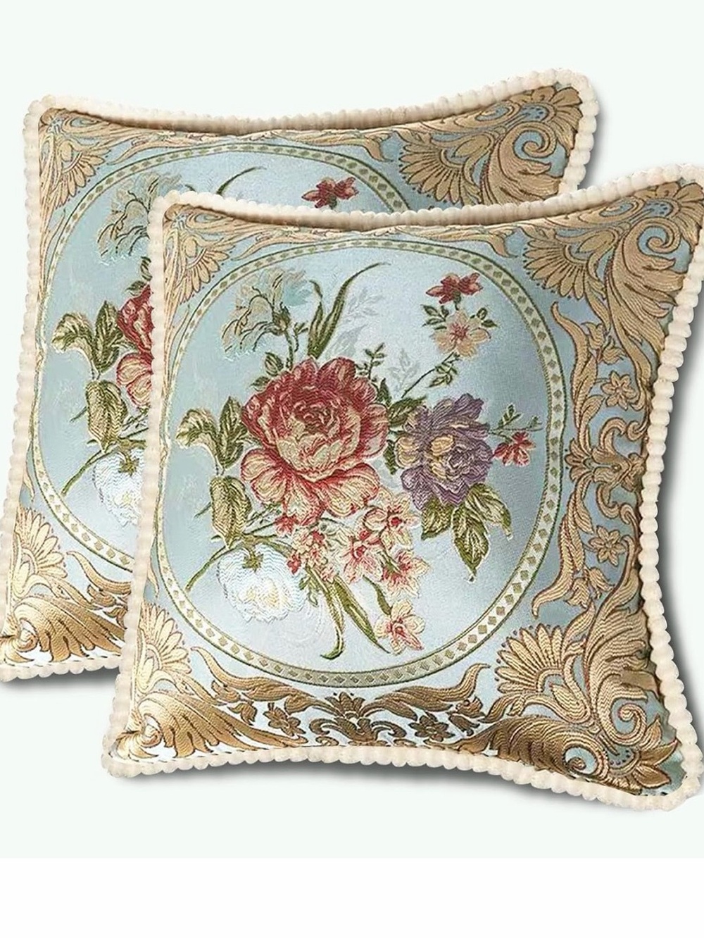 Floral Embroidered Blue Toss Pillow Covers with Pom Trim